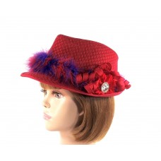 Red Fedora Trilby Church Derby Dress Hat Marabou Flower Crystals Society Ladies  eb-81418442